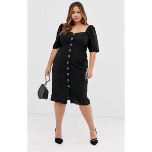 ASOS Curve Black Linen Button Through Midi Dress Plus Size 24 Puff Sleeve